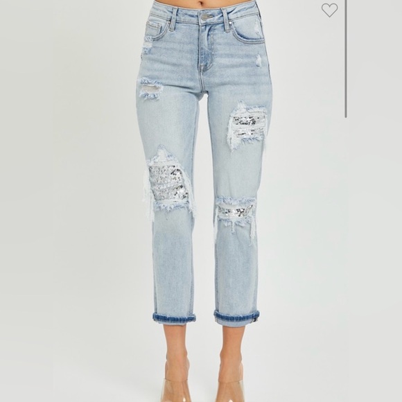 Sequin Patch Mid Rise Risen Jeans NWT - Picture 4 of 5